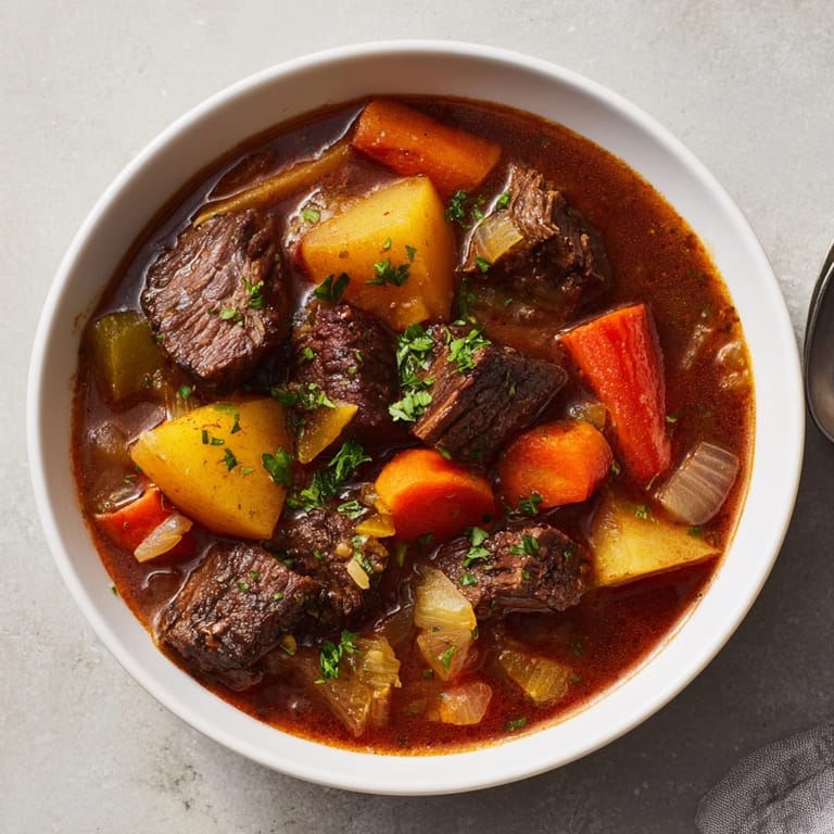 Rustic comfort food: see this hearty Smoky Beef Stew simmering in a cast-iron Dutch oven.