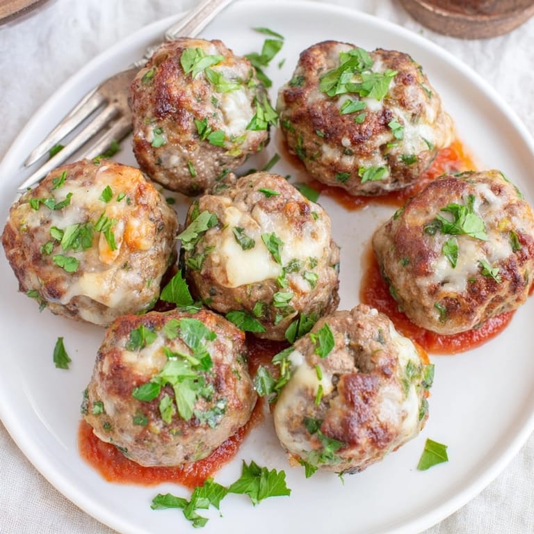 A bowl of delicious, cheese-filled Cajun stuffed meatballs, garnished with fresh parsley.