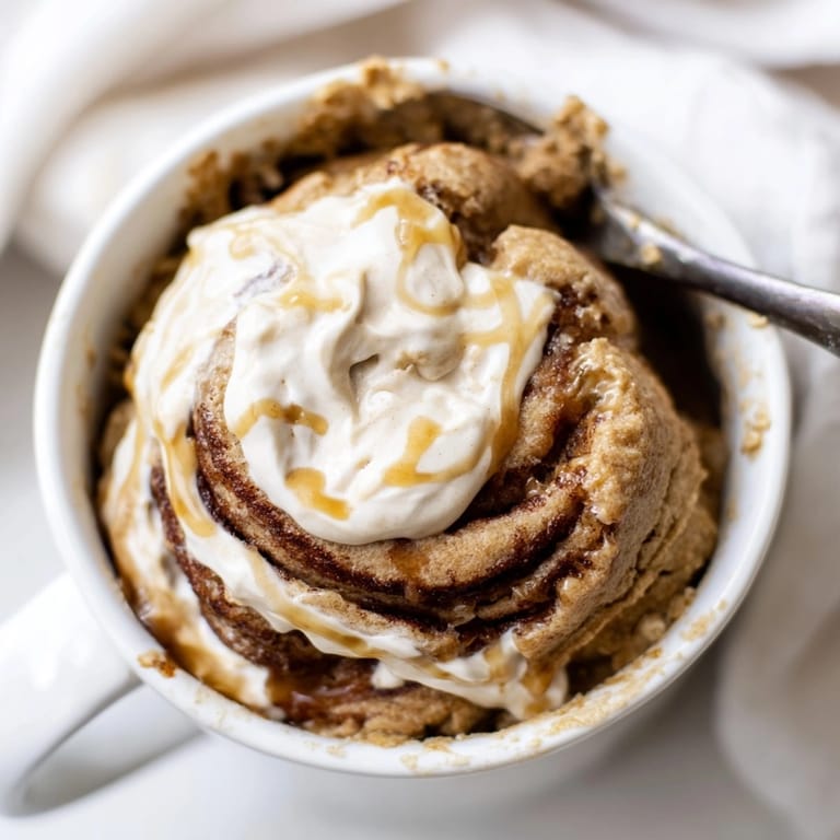 Easy Protein Cinnamon Roll Mug Cake: golden and steamy in a white mug.