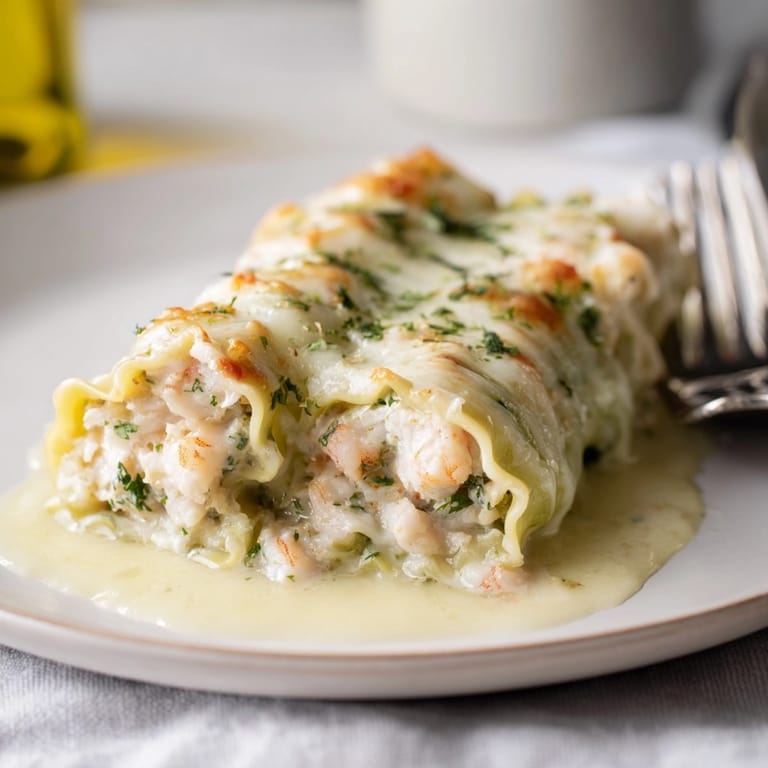 Making homemade luscious Shrimp Alfredo Lasagna Rolls, a cheesy seafood pasta dish.