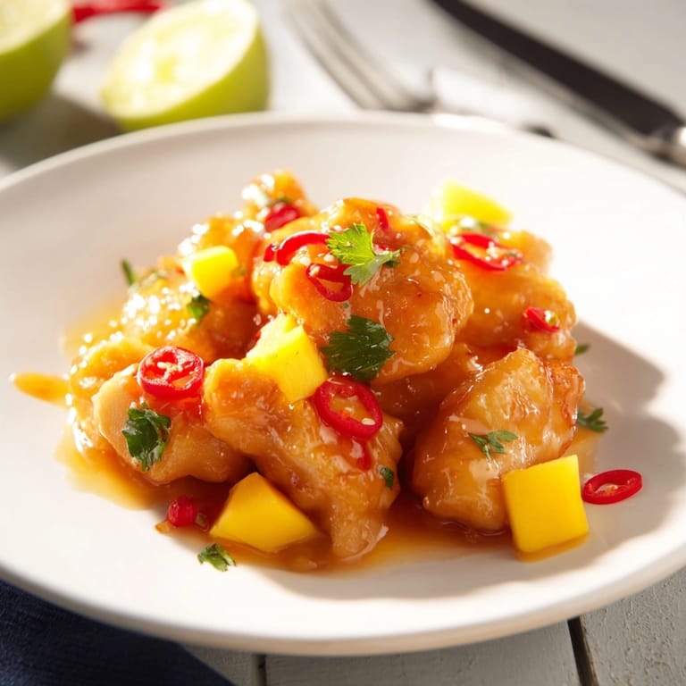 Close-up of a Mango Sweet Chili Chicken Bake ready to savor; garnish included.