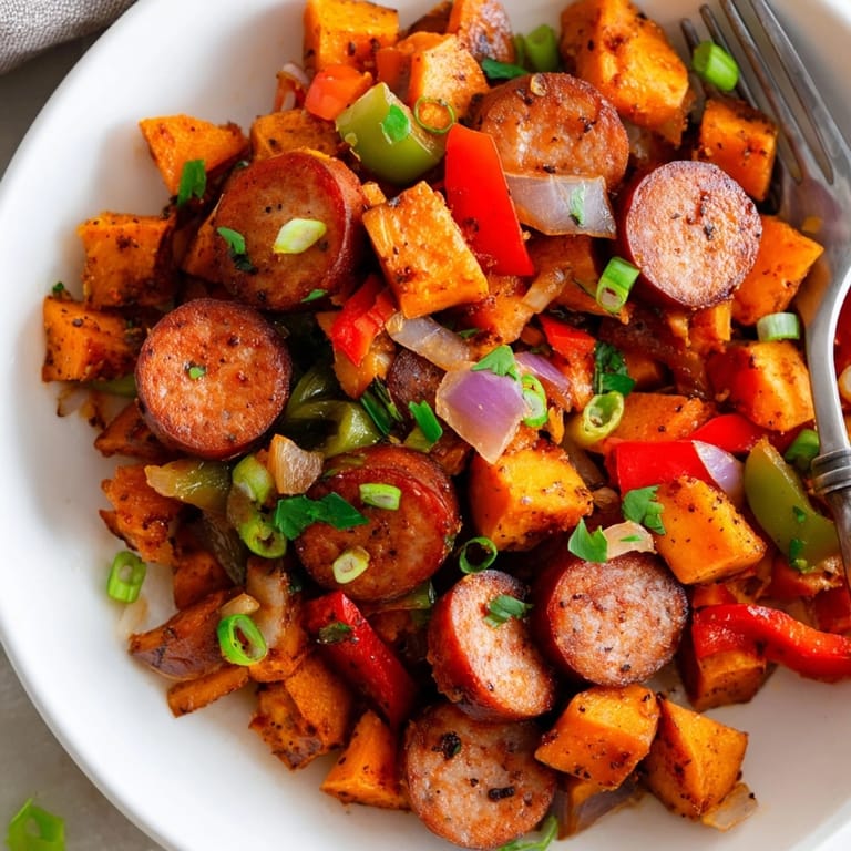 Spicy Cajun Sausage Sweet Potato Hash: a colorful, aromatic close-up shot ready to serve.