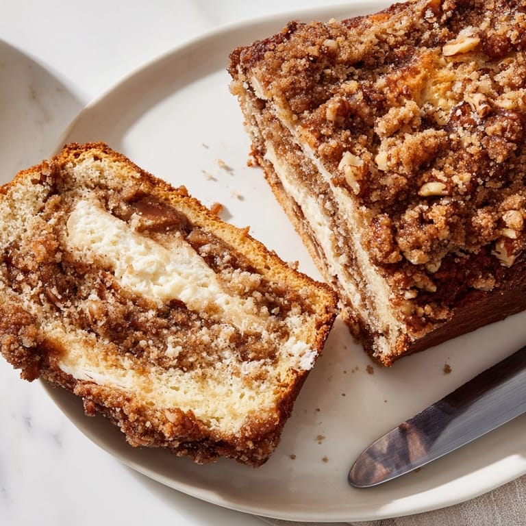Slices of buttery Ricotta Pecan Streusel Bread showing moist crumb, ready to serve.