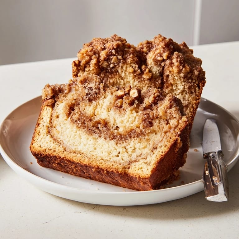 Homemade Ricotta Pecan Streusel Bread is baking; streusel topping getting golden brown & crisp.
