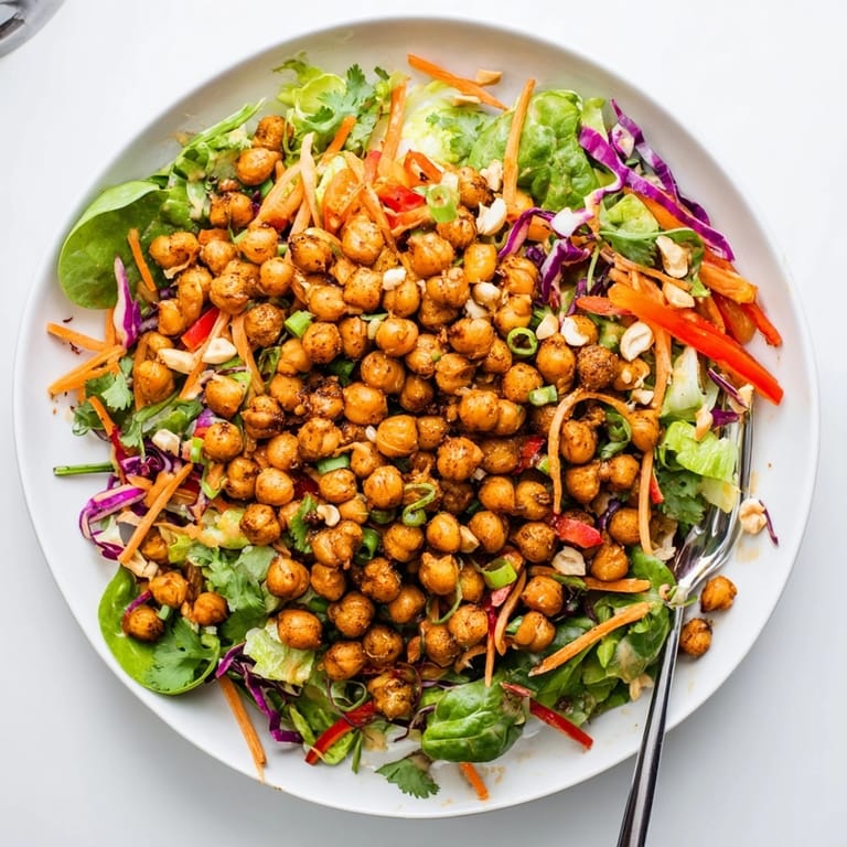 Imagine the savory, nutty aroma of this warm and enticing Thai Peanut Roasted Chickpea Salad.