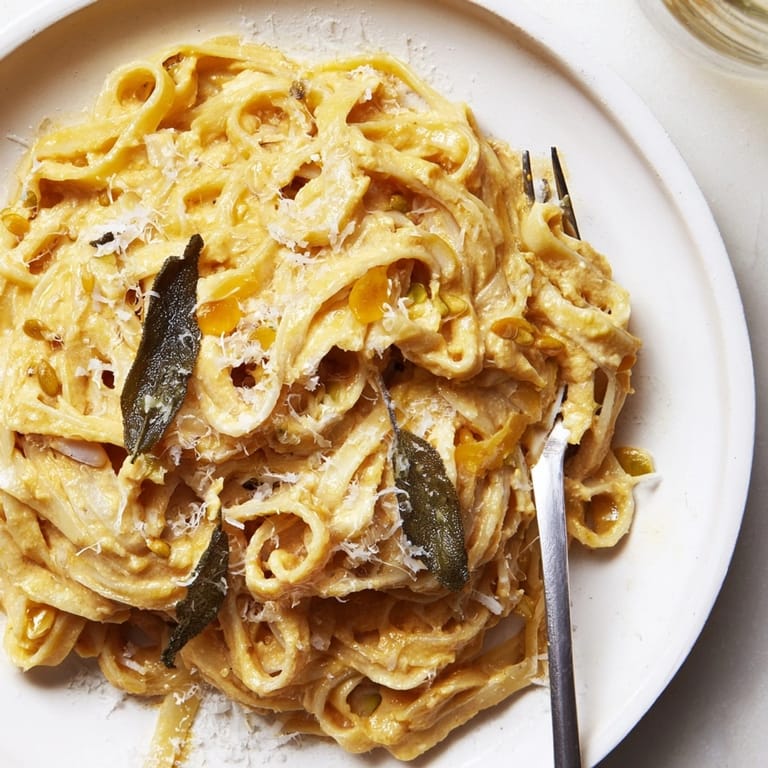 A comforting serving of Festive Pumpkin Pasta with Sage Brown Butter—rich, aromatic, and delicious.