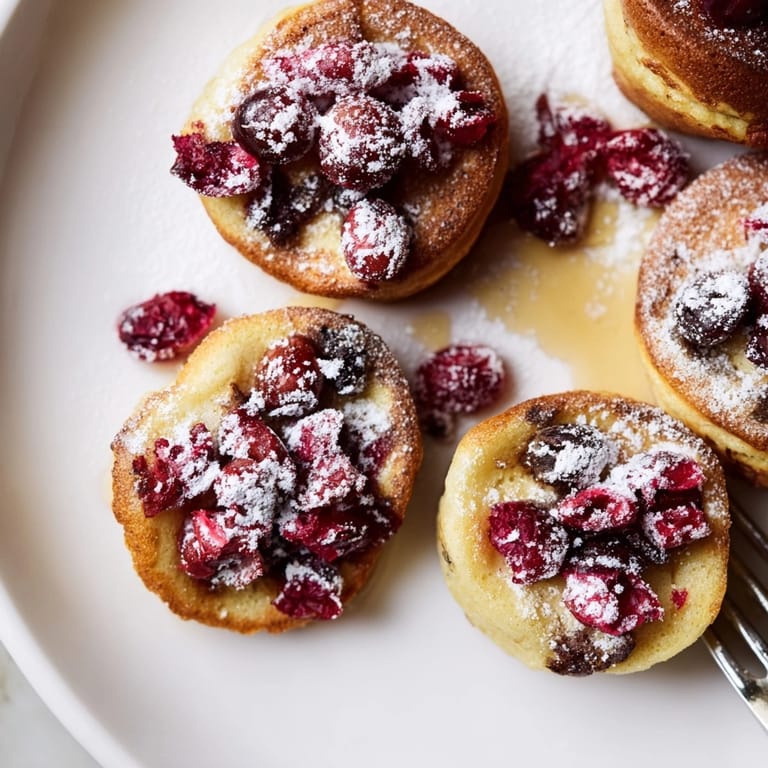 Sweet, tart Cranberry Mochi Muffin Blinis coated with powdered sugar; a chewy breakfast treat.