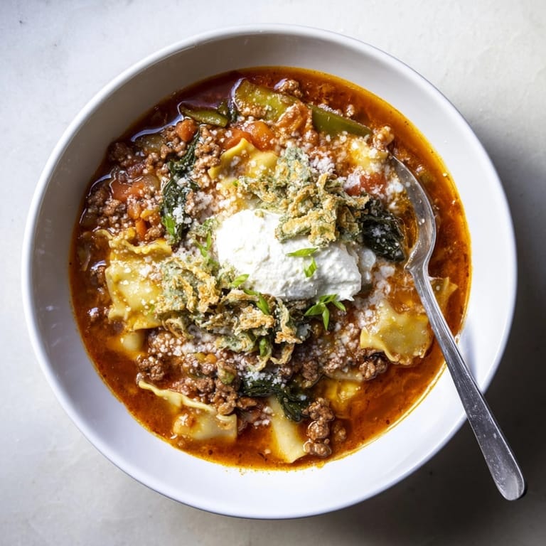 Close-up shows a steaming hot bowl of Lasagne Soup with Kimchi Crunch.