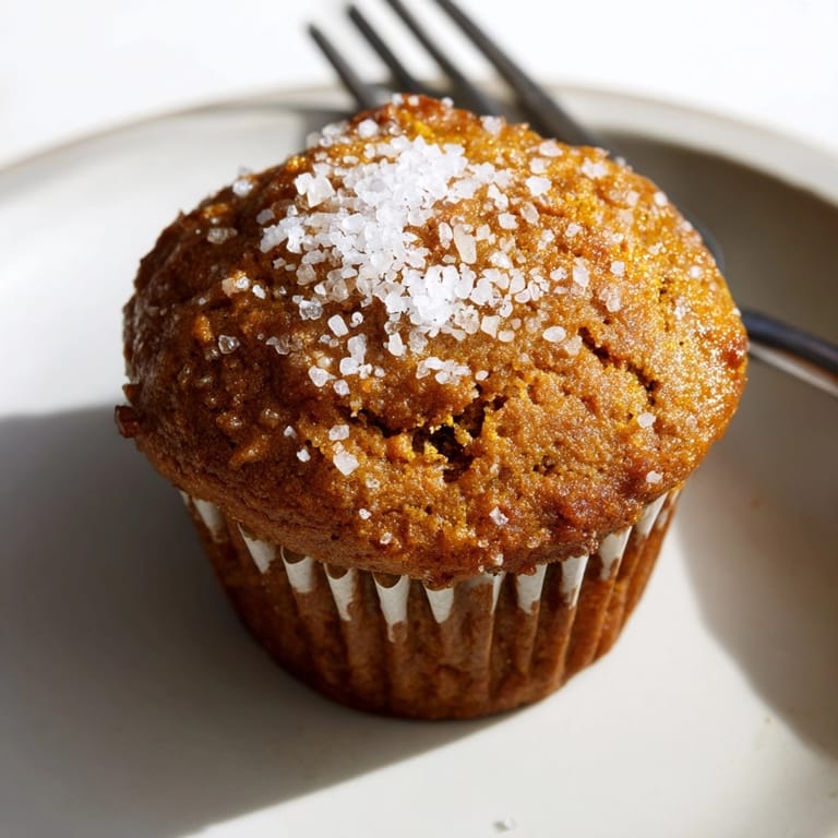 Close-up of soft, spiced Pumpkin Muffins, sprinkled with crunchy sugar and sea salt.