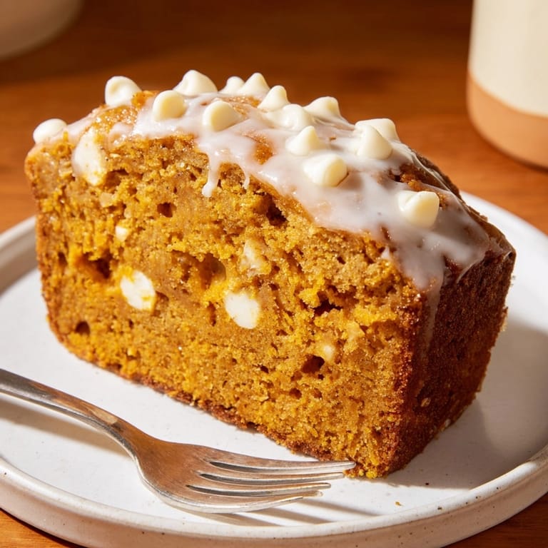Golden Pumpkin White Chocolate Muffin Loaf, showcasing moist texture and delicious white chocolate.