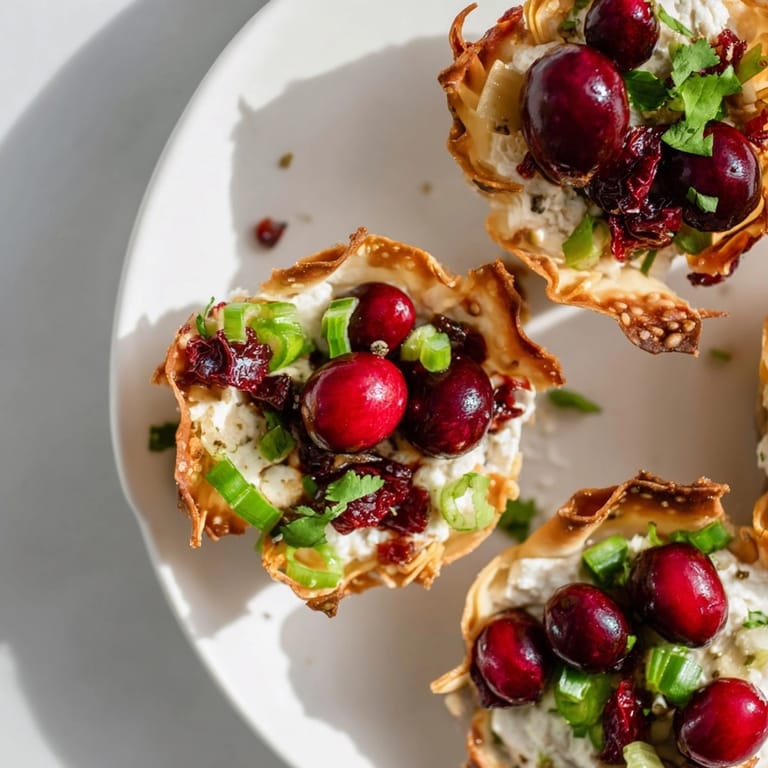 Crispy baked wonton cups overflowing with homemade cranberry jalape&amp;ntilde;o dip ready to serve.