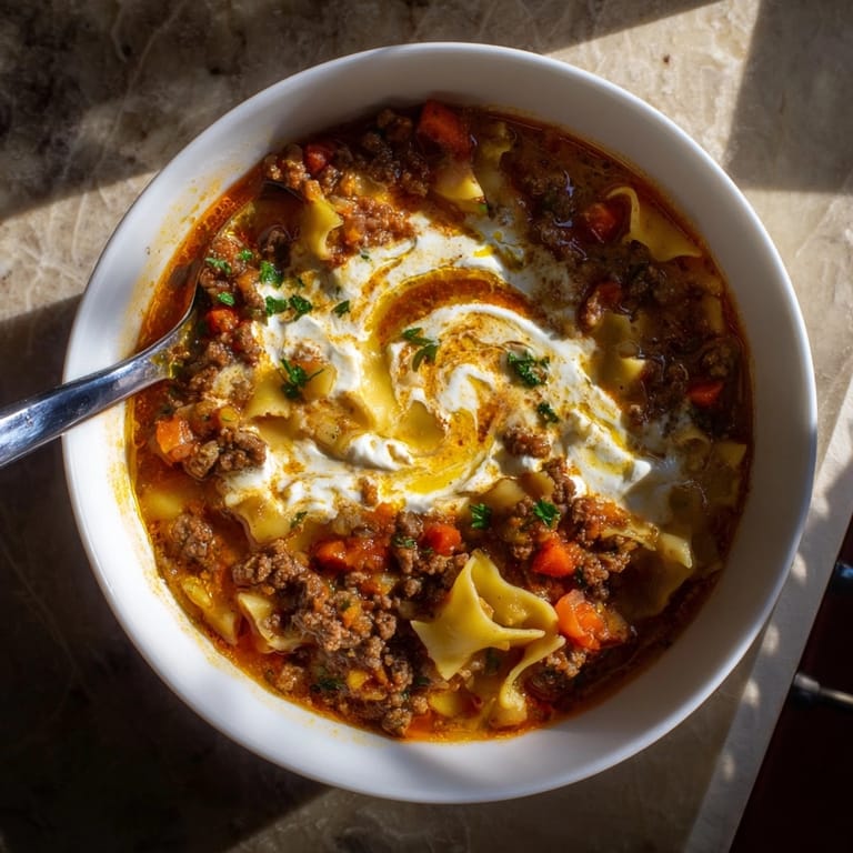 Lasagne Soup with Caramelized Onion Swirl; creamy spoonful and fresh basil.