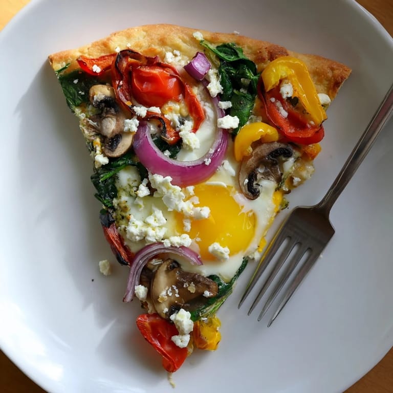 Golden brown garlic herb veggie breakfast pizza with colorful veggies and runny eggs.  