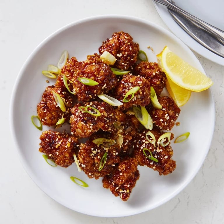 Golden-brown Japanese Karaage bites drizzled with a glossy sweet chili glaze and lemon.  
