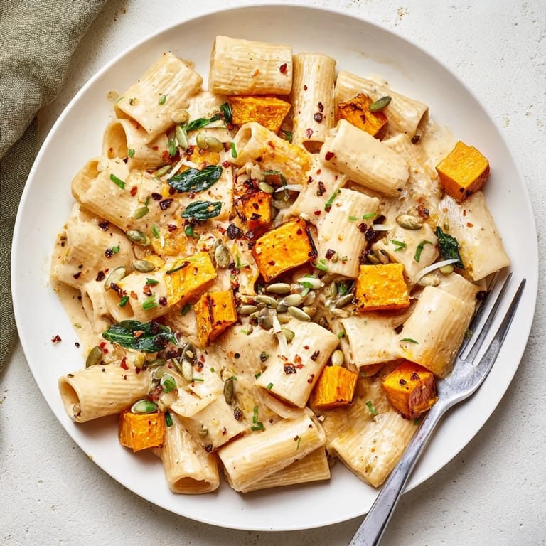 Indulge in creamy miso fall pasta paired with sweet roasted butternut squash.  