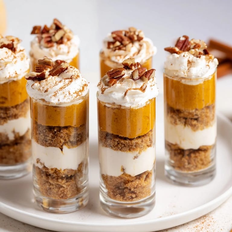Mini parfaits of Thanksgiving Dessert Shooters featuring graham cracker, pumpkin, and whipped cream layers.