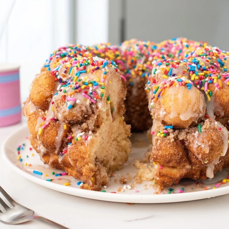 Deliciously soft Funfetti Coffee Cake Monkey Bread topped with sweet vanilla icing.