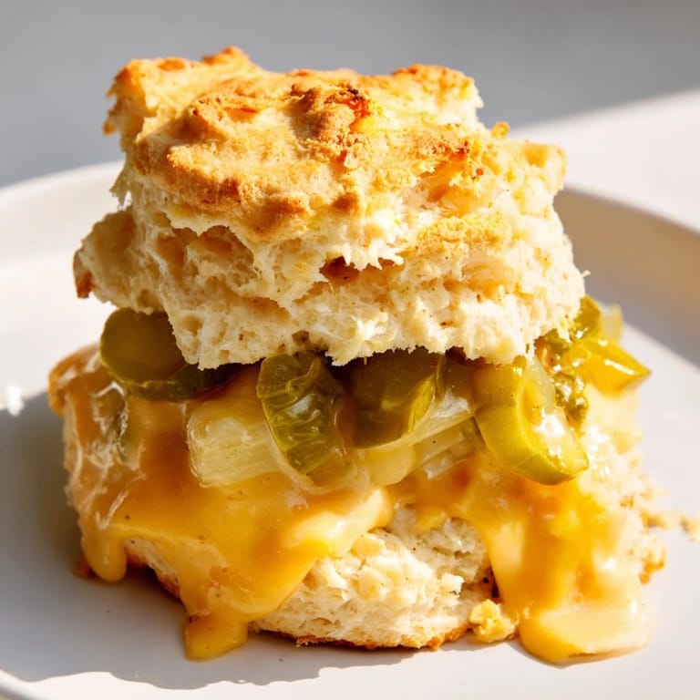 Savory Cheesy Pickle Stuffed Biscuits topped with garlic butter, ideal for snacking or appetizers.