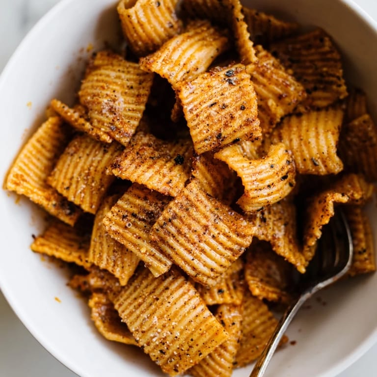 Baked pasta chips tossed in spices, perfect for parties or movie nights.  
