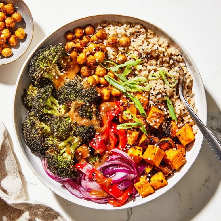 Customizable Bold Sauce Drizzle Bowls featuring colorful grains and crispy chickpeas.  