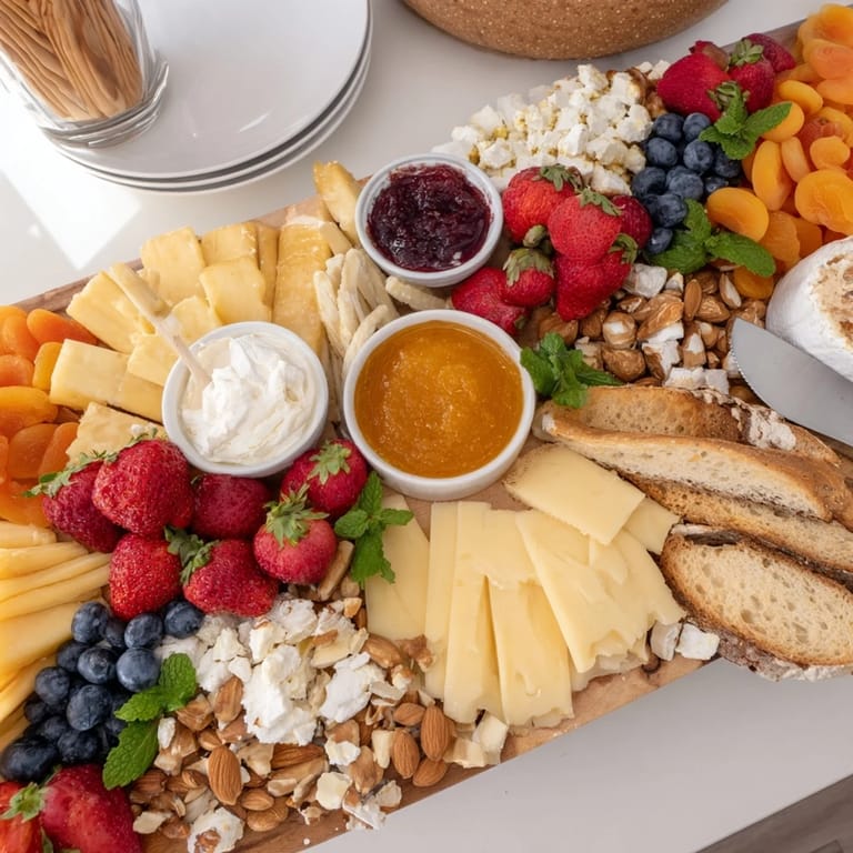 Vibrant jam-infused brunch board showcasing fresh fruits and creamy cheeses.  