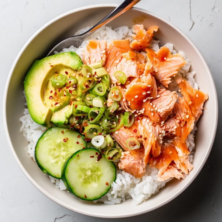 Delicious leftover salmon & rice bowl, freshly steamed with clever microwave method.  