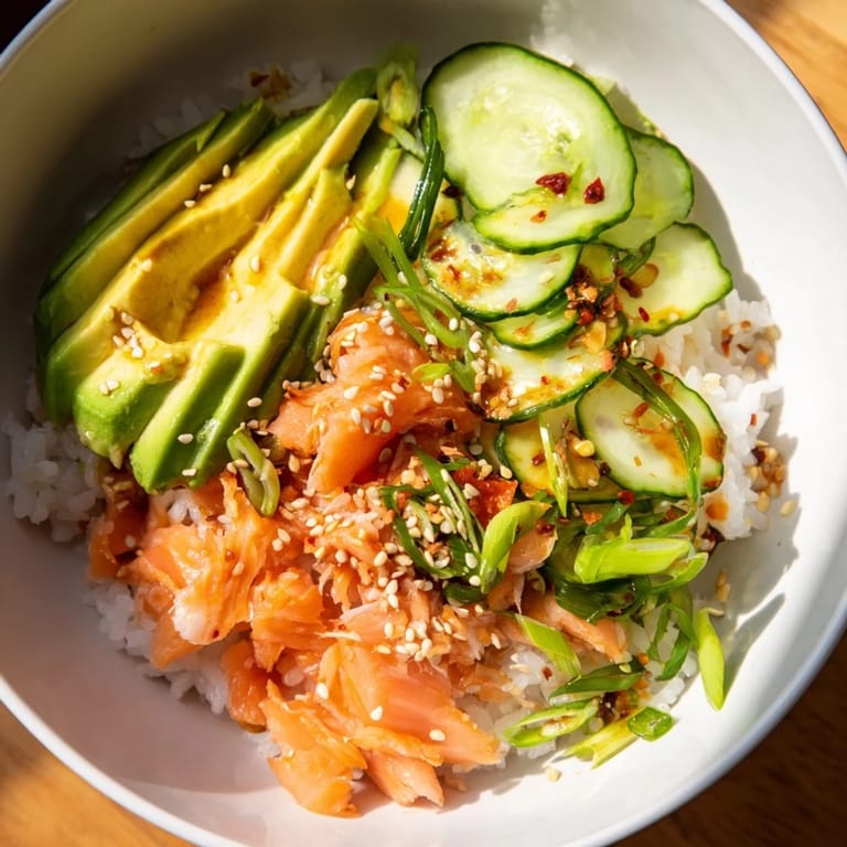 Easy and nutritious leftover salmon & rice bowl, drizzled with soy sauce and sesame oil.