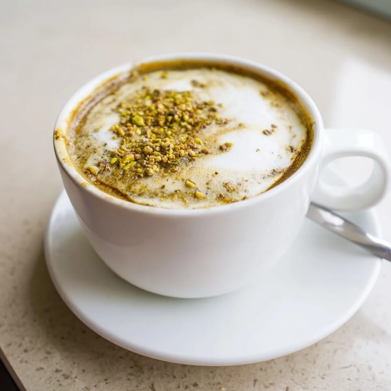 A fragrant pistachio milk latte with a frothy topping, ideal for coffee lovers.