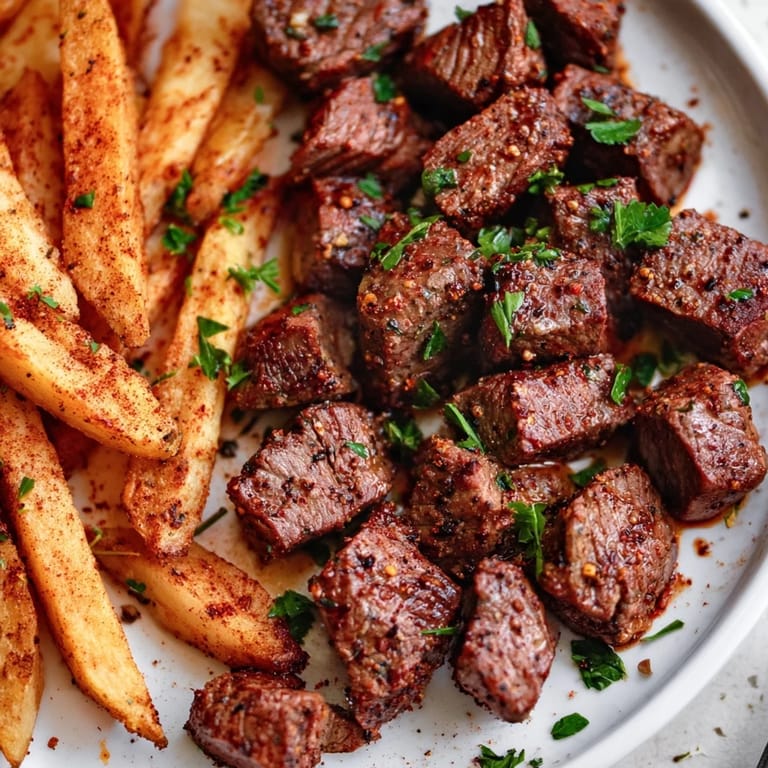Juicy blackened Cajun steak bites topped with fresh parsley and paired with fries.