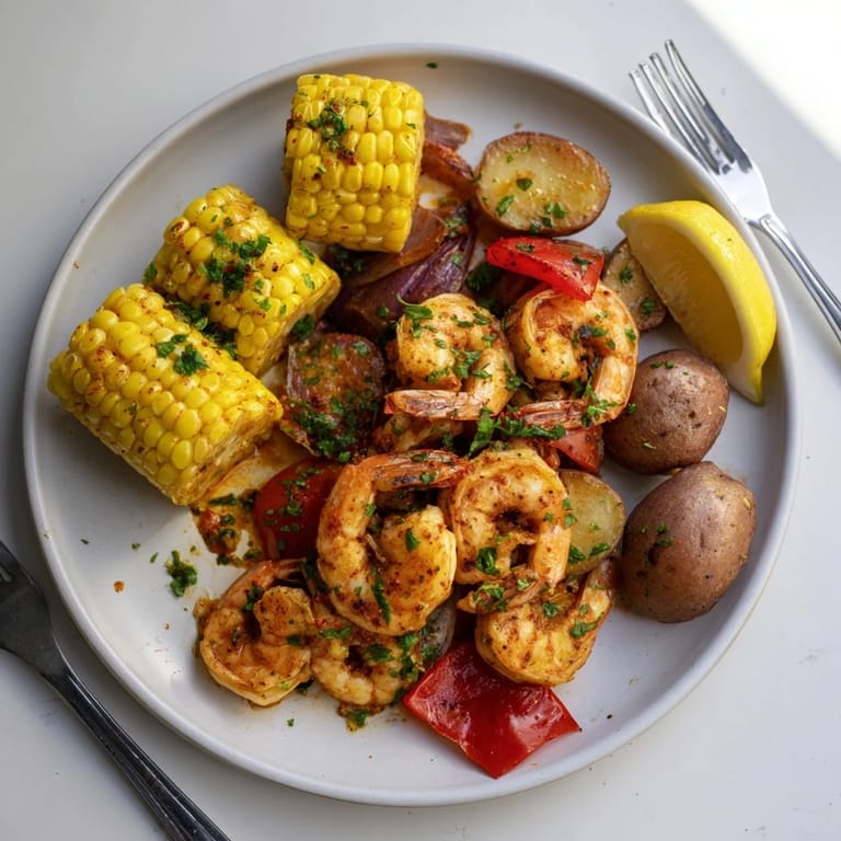Zesty Cajun shrimp paired with sweet corn, colorful bell pepper, and vibrant herbs.  