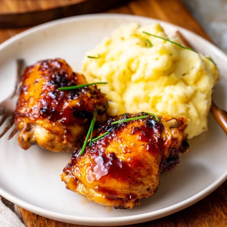 Tender chicken thighs glazed in honey BBQ sauce, served with smooth garlic mashed potatoes.