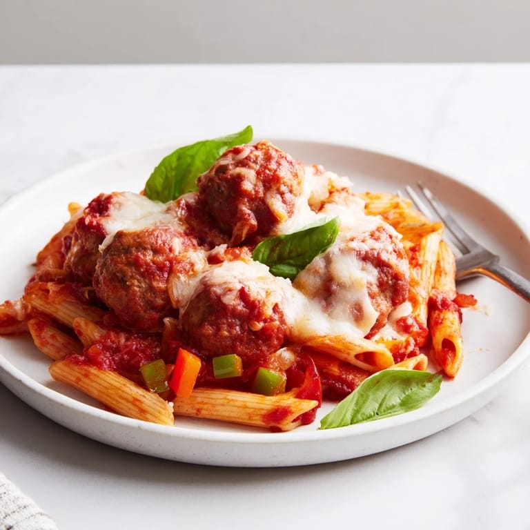 Comforting Italian Meatball Pasta Skillet simmered in rich tomato sauce and pasta.  