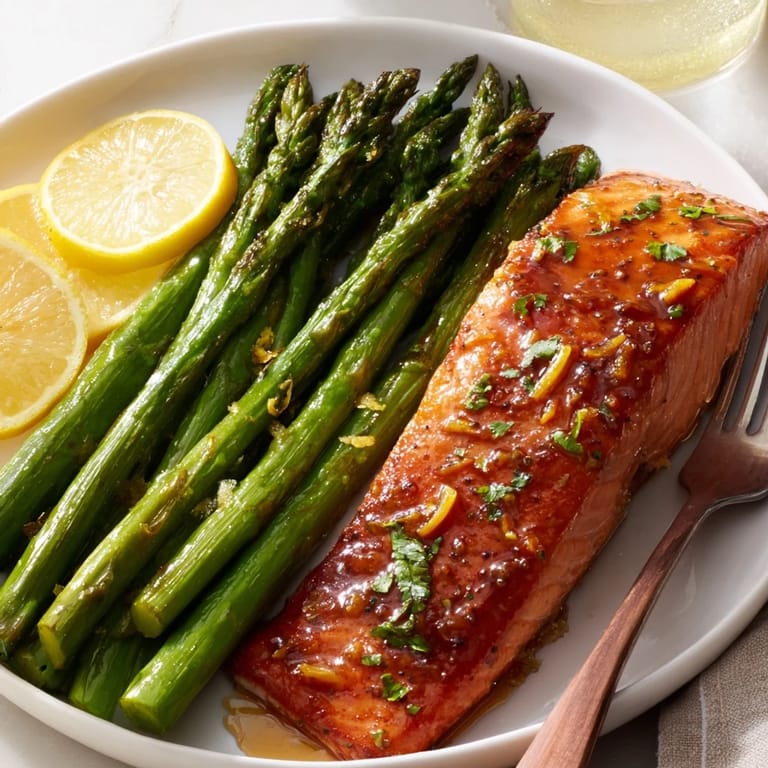 Glazed Sweet Maple Lemon Salmon alongside tender asparagus, a perfect dinner for any occasion.