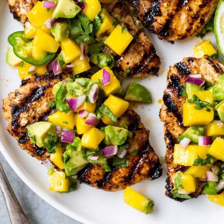 Delicious spicy mango & avocado salsa over grilled chicken, bursting with fresh flavors.  