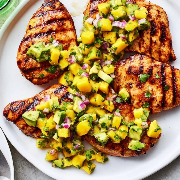 Tender chicken topped with vibrant mango and avocado salsa, ideal for easy weeknight meals.