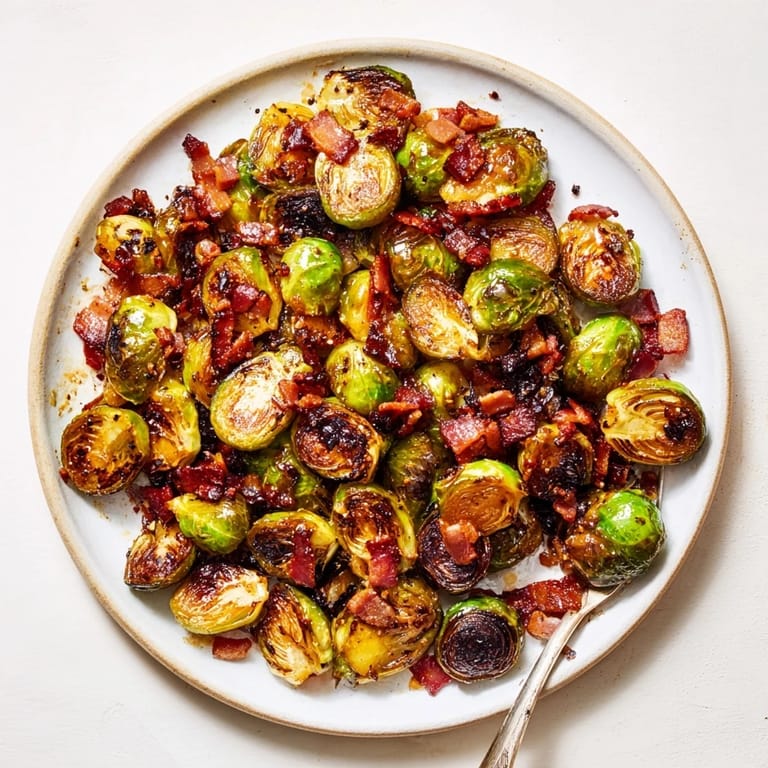 Flavorful Maple Bacon Brussels Sprouts garnished with black pepper, an irresistible side dish delight.
