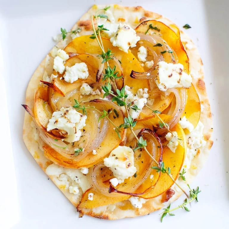 Savory caramelized onion & apple flatbread warm from the oven, drizzled with honey.  