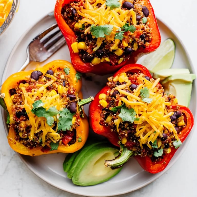 Delicious black bean and quinoa stuffed peppers, perfect for a vegetarian dinner.