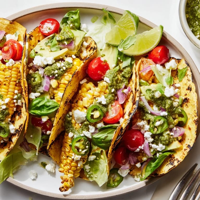 Colorful Sweet Corn & Basil Pesto Tacos piled high with fresh toppings and greens.