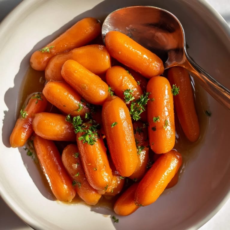 Glossy baby carrots drizzled with a rich bourbon-maple glaze, perfect for pairing.  
