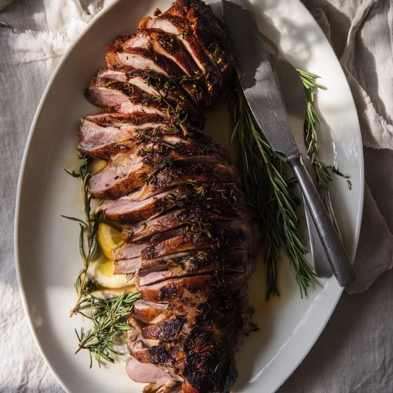 Tender duck breast with a fragrant herb crust, perfect for gourmet dinners.  