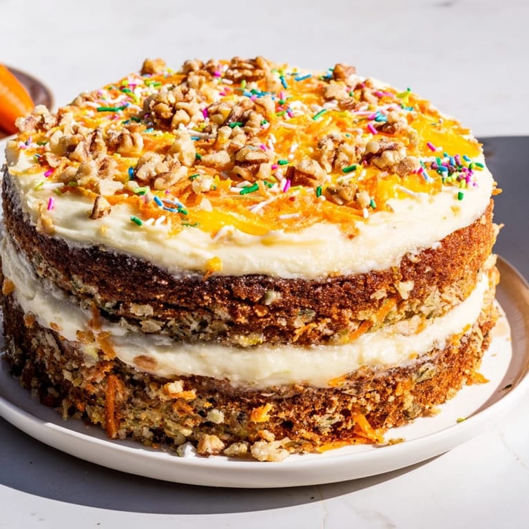 Golden, textured Silly Carrot Cake with Chaotic Cream Cheese Frosting, boasting a cloud of sprinkles.