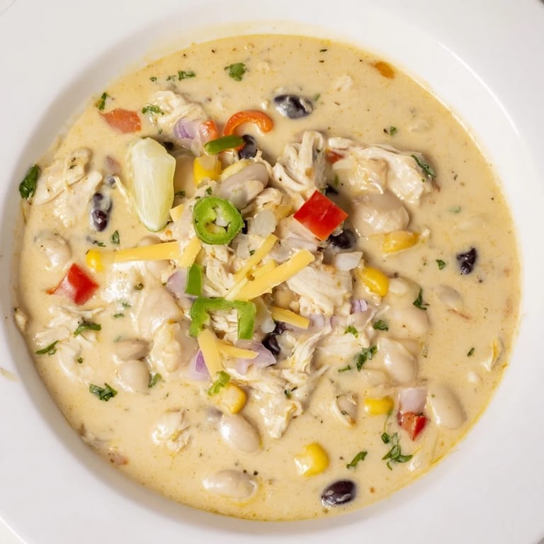 A bowl of delicious Slow Cooker White Chicken Chili with black beans, showcasing tender chicken and spices.