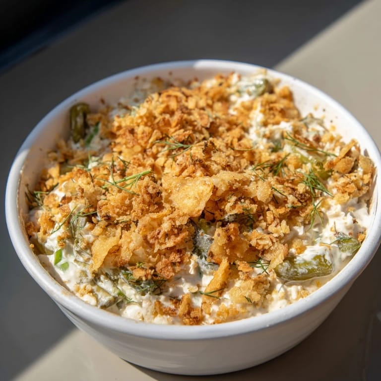 This delicious appetizer is a Fried Pickle Dip, served with chips, evoking flavors of a perfect snack.