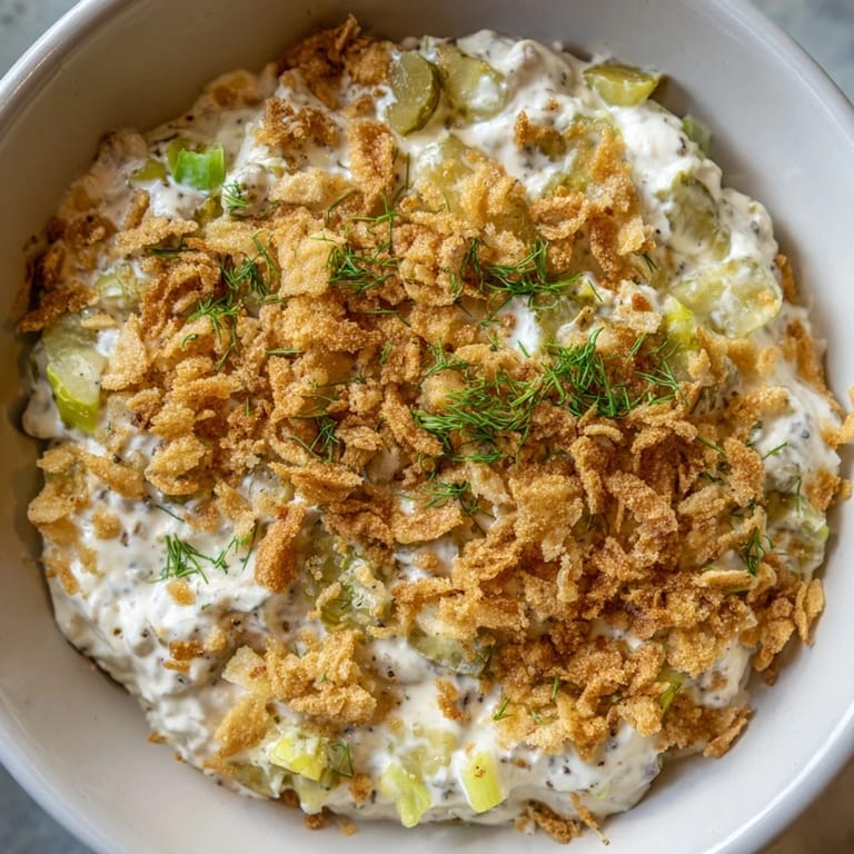 A close-up view displaying the crispy, golden panko topping on a bowl of Fried Pickle Dip.