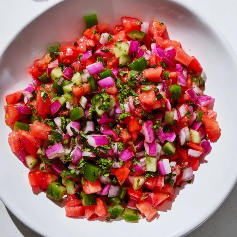 Fresh Pickle De Gallo Salsa in a bowl, a mix of diced pickles, tomatoes, and red onion.