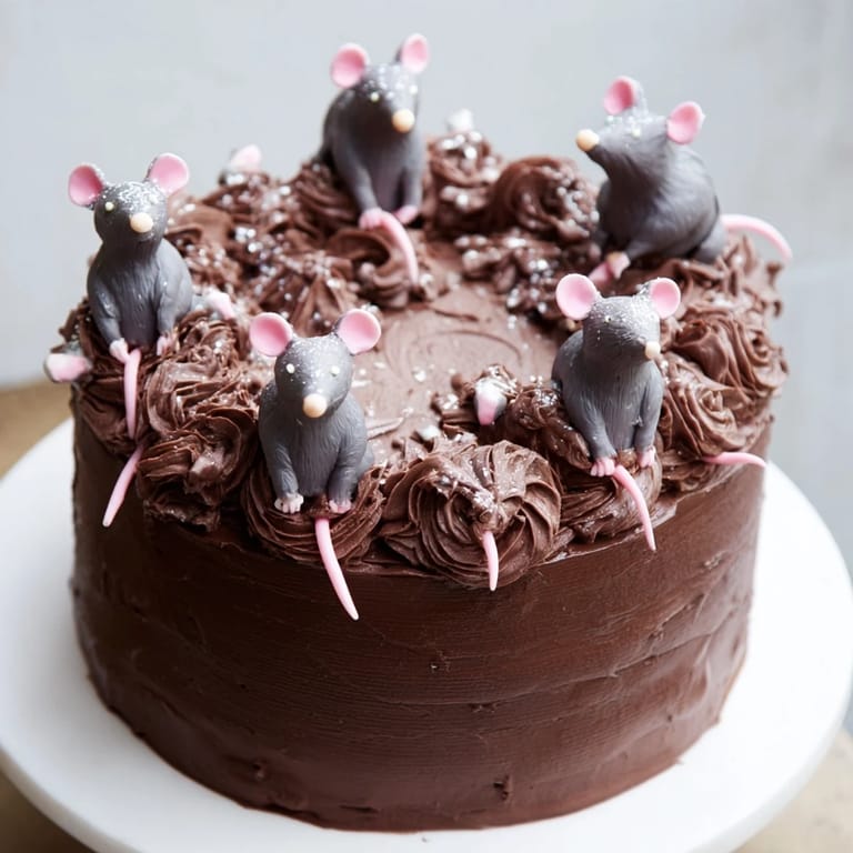 Imagine the rich, dark Rat Cake, frosted with light ganache and playful marzipan rats.