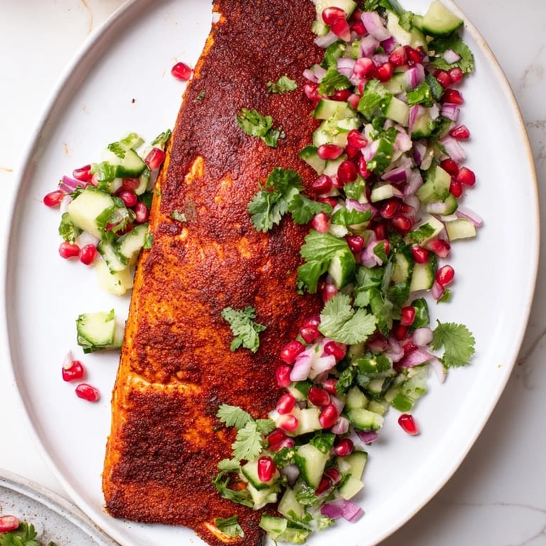 Perfectly cooked Cajun Spiced Salmon with a colorful salsa, lime wedges offer a zesty finish.