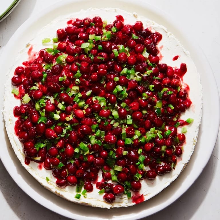 A close-up of a generously topped Spiced Cranberry Jalapeño Cream Cheese Dip perfect for entertaining.