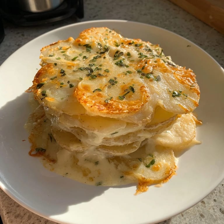 A warm dish of kombu-infused creamy potato gratin, showing tender potato slices swimming in flavorful sauce.